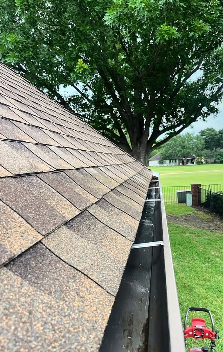 Asphalt shingle roof with gutter running along edge, large oak tree and green lawn field visible in background